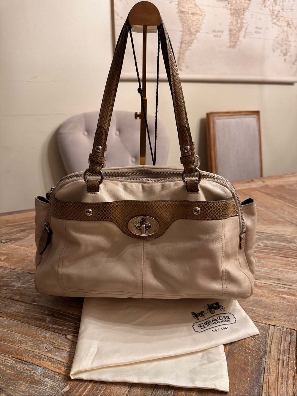 Coach Cream and Brown Leather Shoulder Bag with Turn-Lock Accent